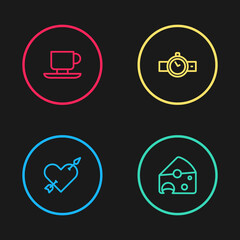 Sticker - Set line Amour with heart and arrow, Cheese, Wrist watch and Coffee cup icon. Vector.