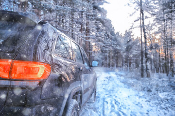 Wall Mural - SUV forest winter, car on a forest road, landscape seasonal snow forest view