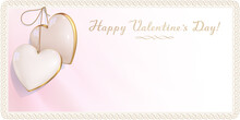 Luxury design of invitation card for Happy Valentine's Day, affiance and wedding. Pink and white empty envelope is decorated with a two ivory hearts and retro border. 3d realistic gem pendant.