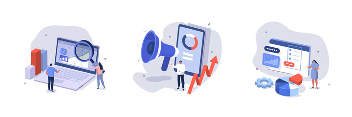 People Characters Analyzing Charts, Graphs, Planning Business Strategy and Managing Data on Laptop and Smartphone. Business Intelligence and Analysis Concept. Flat Isometric Vector Illustration Set.