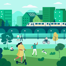People Characters Walking In Urban Park. Men And Women Relaxing In Nature, Walking And Doing Other Outdoor Leisure Activity. Modern City With Transport On Background. Flat Cartoon Vector Illustration.