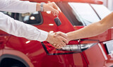 Crop dealer with car keys shaking hand of client