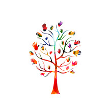 Charity And Volunteerism, Care And Love, Social Awareness, Donations And Helping Concepts Vector Illustration Design, Colorful Isolated Tree With Hands