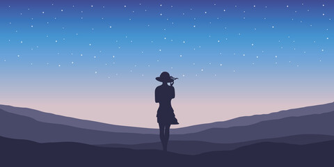 Wall Mural - pretty girl with summer hat silhouette on starry sky background vector illustration EPS10