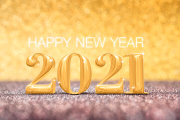 Poster - happy new year 2021 year number ( 3d rendering ) at sparkling golden and red copper glitter floor studio background ,Holiday celebration Greeting card.