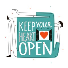 Vector illustration with man and lettering phrase. Keep your heart open. Colored typography poster, inspiring print design