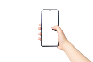 Close up of female hands holding mobile smart phone with white blank screen isolated on white background. Touch on screen by finger for chatting, playing game or reading something. Mock up.