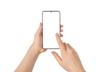 Pov first person close up view photo of female hands using telephone touching screen with copy space isolated white background