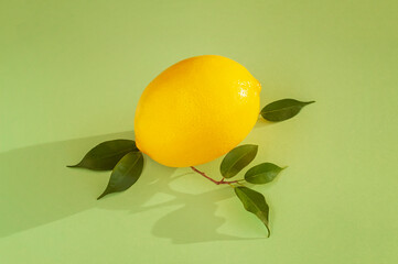 One yellow lemon on tender green background, top view. Juicy natural summer vitamin and diet concept