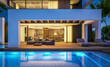 © korisbo - 3d rendering of modern cozy house with pool and parking for sale or rent in luxurious style and beautiful landscaping on background. Clear summer night with many stars on the sky.