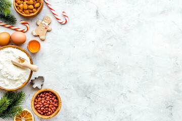 Christmas cooking background with gingerbread cookies, overhead view, flat lay