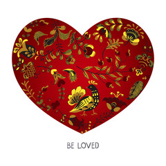 Vector red heart painted with floral ornament of flowers and birds in russian folk art style