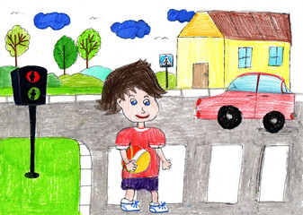 Drawing of the buildings and cars. Happy family on a walk. Pencil art in childish style