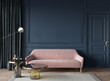Living room interior in dark blue with a pink sofa, glass tab…
