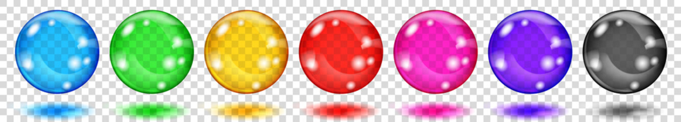 Poster - set of translucent colored spheres with glares and shadows on transparent background. transparency o