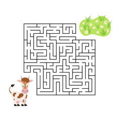 Maze game cow find grass in labyrinth isolated on white background. Cartoon worksheet with animal for kids education. Help cow to find right path to food in labyrinth. Vector flat quiz illustration.
