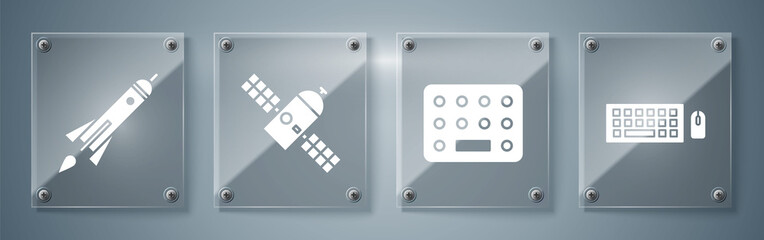 Sticker - Set Keyboard and mouse, Pills in blister pack, Satellite and Rocket ship with fire. Square glass panels. Vector.