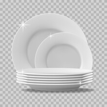 Realistic Plates Stack. Clean Dishes, Stacked Kitchen Tableware, Dishwasher Washed Food Plates. Stack Of Clean Tableware Vector Illustration. Porcelain Crockery Plate, Detailed Kitchen Closeup Utensil