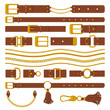 © WinWin - Belts and chains elements. Leather brown belts, gold ring straps, chains and metal buckles. Haberdashery leather accessories vector illustration. Leather belt straight, clasp and strap part