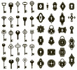 Keys and keyholes. Vintage house door keys and keyholes, decorative keys silhouettes vector illustration set. Antique and modern keys skeleton. Safety access, passkey antique, victorian keyhole