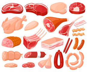 Meat products. Cartoon butchery shop food, chicken, beef steak, pork, prime rib, bacon slice and sausages. Fresh meat food vector illustrations. Cooking farm ingredient, pig grill, butchery meal