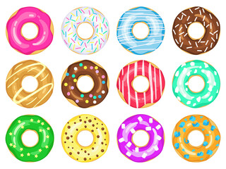 Wall Mural - Cartoon donuts. Sweet glaze and sprinkle donuts, chocolate donut with sugar icing. Delicious colorful doughnuts vector illustration set. Donut menu colorful, breakfast with colored sprinkles