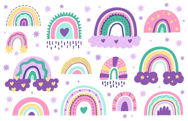 Wall Mural - Doodle nursery rainbows. Hand drawn scandinavian style rainbow. Baby shower, childrens party cute pastel color rainbow vector symbols set. Arc weather drawing, childish rainbow collection illustration