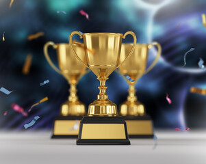 Wall Mural - close up golden trophy award with falling confetti. copy space for text. 3d rendering.
