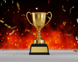 Wall Mural - close up golden trophy award with falling confetti. copy space for text. 3d rendering.