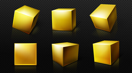 Wall Mural - gold cube, 3d square golden box in front and perspective views. vector realistic set of yellow metal