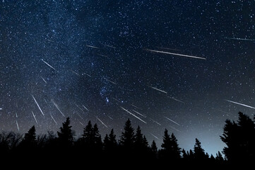 meteor shower with 44 meteors and the milky way in the background above a silhouette treeline of spr