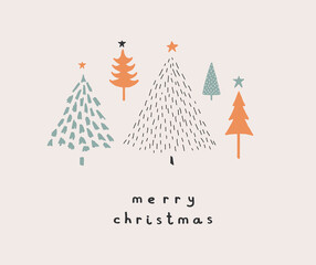 Wall Mural - Merry Christmas. Happy Holidays. Simple Infantile Style Christmas Trees Isolated on a Light Beige Background. Cute Hand Drawn Christmas Wishes Vector Card. Green, Red and Black Winter Trees.