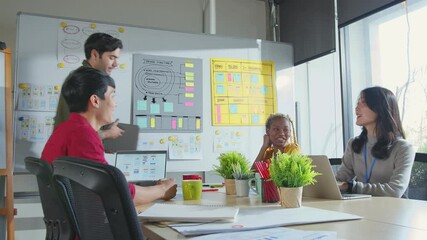 Meeting of UX developer and UI designer brainstorming about mobile app interface workflow design on table with coworker breif and color code at co-working space.Creative digital development agency.