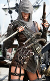 Hooded female pirate assassin poses with her arsenal of weapons on the deck or her ship. 3d rendering