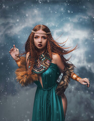 redhead fantasy woman stands in clouds. Fashion model posing in studio background dramatic winter sky, smoke. Elf princess girl. Long red hair flying in wind snow is falling. Blue dress ethnic makeup.