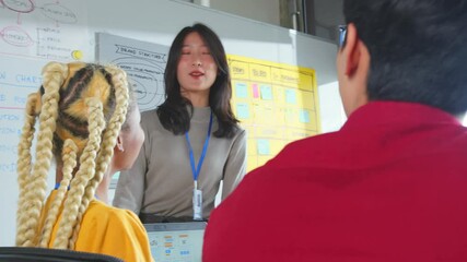 Meeting of ux developer and ui designer brainstorming about mobile app interface workflow design on table with coworker breif and color code at co-working space.Creative digital development agency