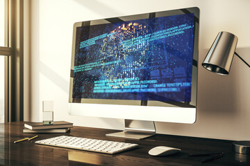 Creative code skull hologram on modern computer monitor, cybercrime and hacking concept. 3D Rendering