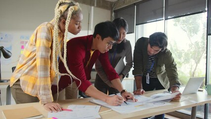 Wall Mural - Meeting of UX developer and UI designer brainstorming about mobile app interface workflow design on table with coworker breif and color code at co-working space.Creative digital development agency.