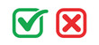 Check mark icons. Green tick and red x. Approval and decline symbols.