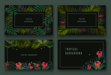 Set of four vect banners with tropical leaves on a black background. Botanical elements. Suitable for design and advertising of spa, cosmetics, perfume, beauty salon, wedding invitation