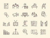 Fototapeta  - Simple, black and white voting and election icons set. Collection of linear simple web icons. Form, online voting, debate, candidate rating, vote count and others. Editable vector stroke.