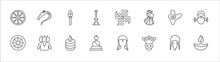 Outline Set Of India Line Icons. Linear Vector Icons Such As Kali, Kartikeya, Hindu Swastika, India, Parvati, Dharma, Brahma, Tandoori, Buddhist, Varaja, Diwali Lamp