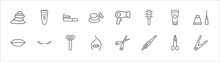 Outline Set Of Beauty Line Icons. Linear Vector Icons Such As Hair Clipper, Toothbrush, Hair Dryer, Cream Tube, Eyeliner, Woman Lips, Two Eyelashes, Razor, Woman Face, Curlers, Hair Straightener