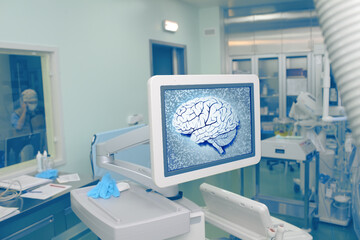 Wall Mural - Brain scan image on the computer monitor in the hospital x-ray surgery room on the background of doctor behind the glass of the observation window