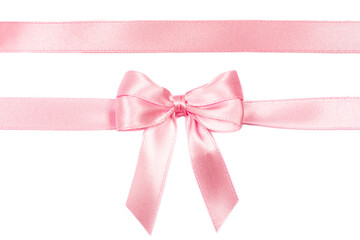 Beautiful pink ribbon with bow isolated on white background.