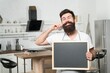 © be free - bearded hipster man hold chalkboard for copy space, back to school