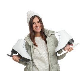 Wall Mural - Happy woman with ice skates on white background