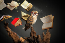 Beautiful Wise Owl And Flying Book In Fantasy World