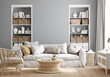 Cozy grey living room interior with coastal furniture, 3d render