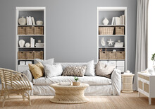 Cozy Grey Living Room Interior With Coastal Furniture, 3d Render